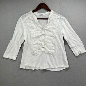 Mario Romano Henley Top Women L White Pintuck Button Casual Linen Blend Italy